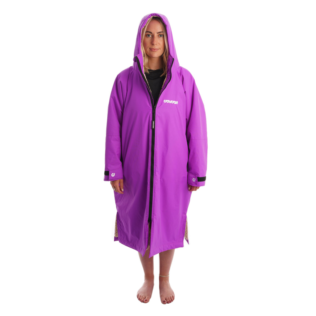 Purple Long Sleeve Changing Robe - Magenta Purple Front Hood Up