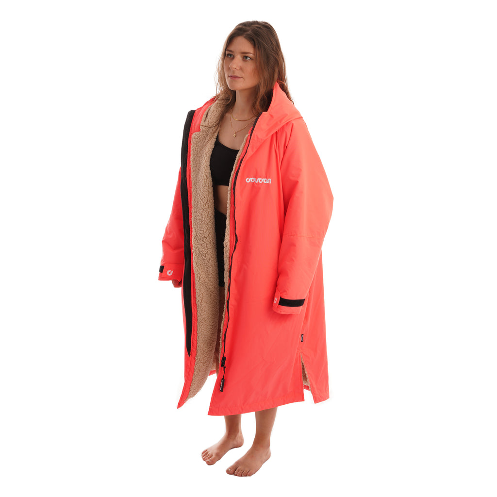 Coucon Changing Robe Adult Long Sleeve - Fluoro Orange (Limited Edition) Side View Un-Zipped