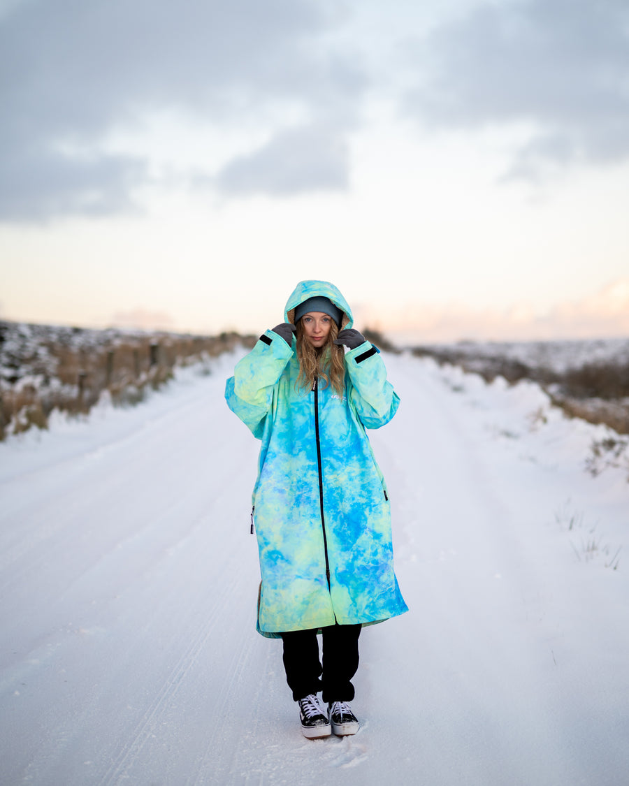Aqua Tie Dye limited edition adult waterproof changing robe – worn in winter snow