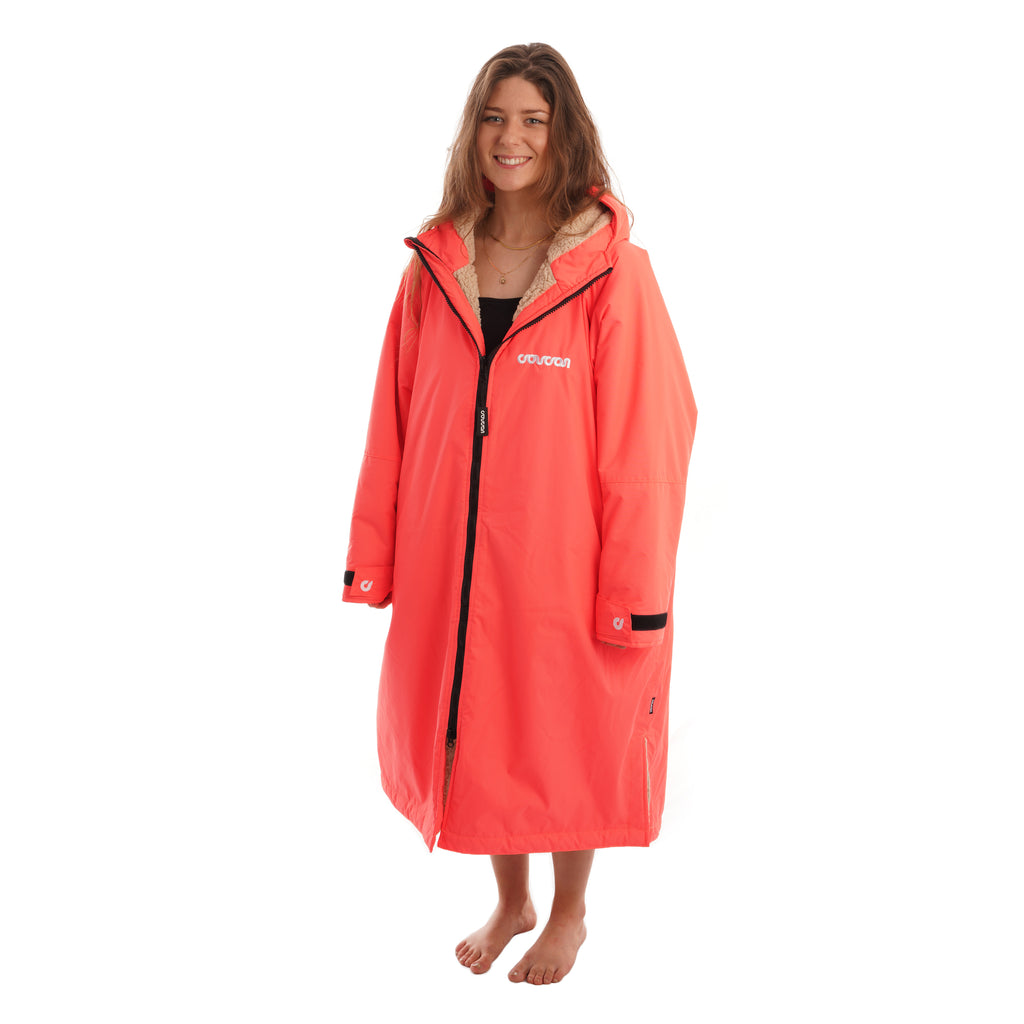 Coucon Changing Robe Adult Long Sleeve - Fluoro Orange (Limited Edition) Side View Half Zipped